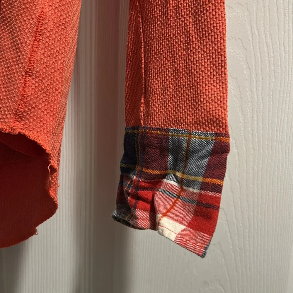 Free People Women's Orange Long Sleeve light thermal Top with Plaid Cuffs - Picture 2 of 5